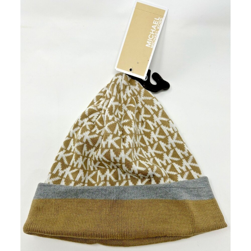 new MICHAEL KORS  ALLOVER LOGO WOMEN'S BROWN WINTER BEANIE HAT